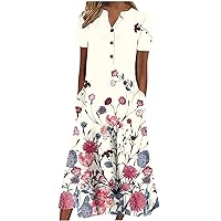 HHmei 2023 Summer Dresses for Women Casual Stripe Button V Neck Sleeveless Pocket Long Holiday Dress Floral Beach Dress