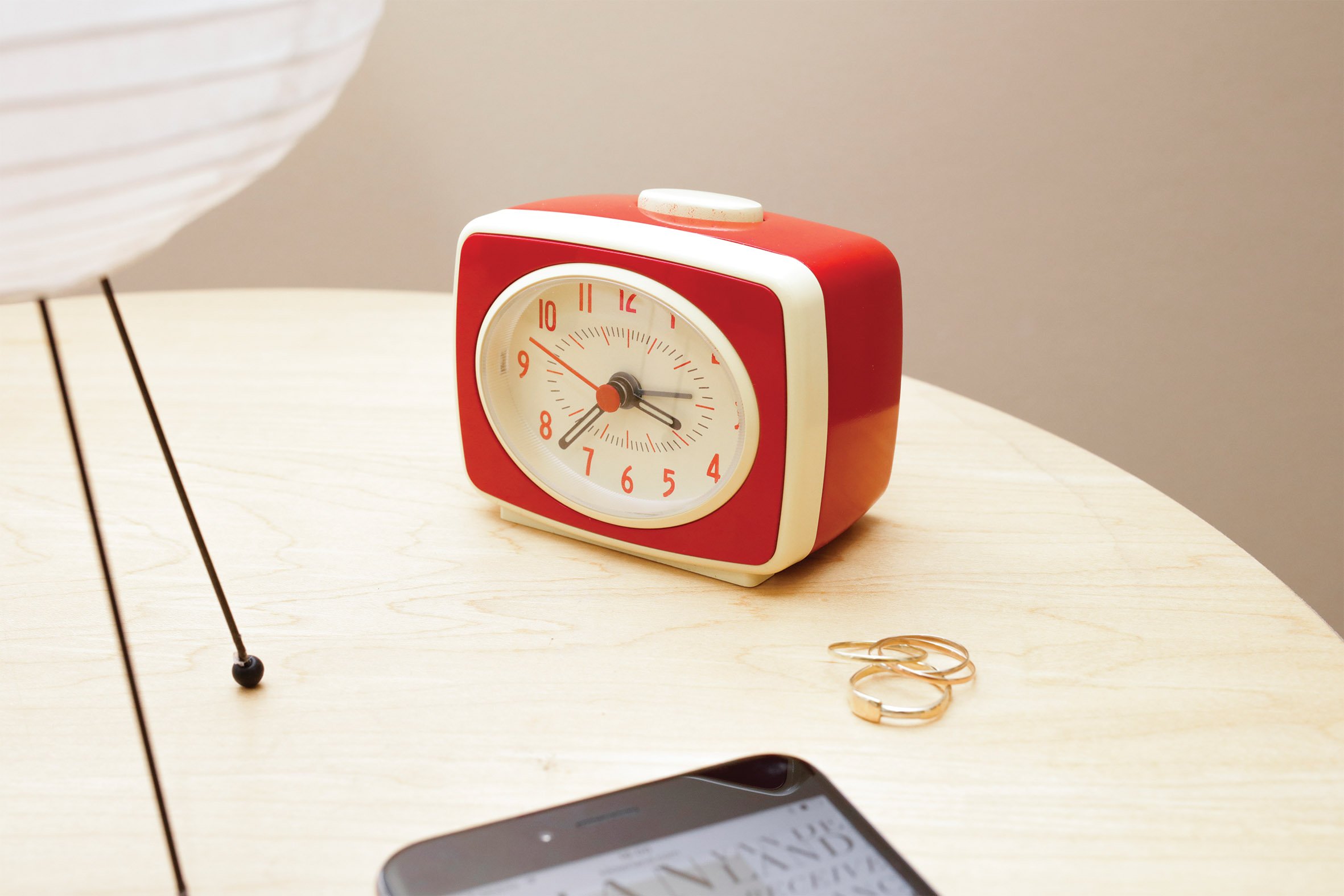 Kikkerland Small Retro Classic Vintage Style Ticking Quartz Movement Analog Alarm Clock, Glow in The Dark Hands, for Bedroom, Office, Home Decor, Battery Operated, in Red