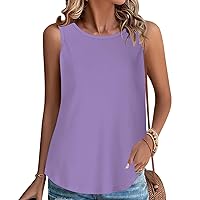 Summer Tops for Women 2024 Dressy Casual Sleeveless Round Neck Soft Knit Tank Tops Loose Fit Curved Hem Beach Tops