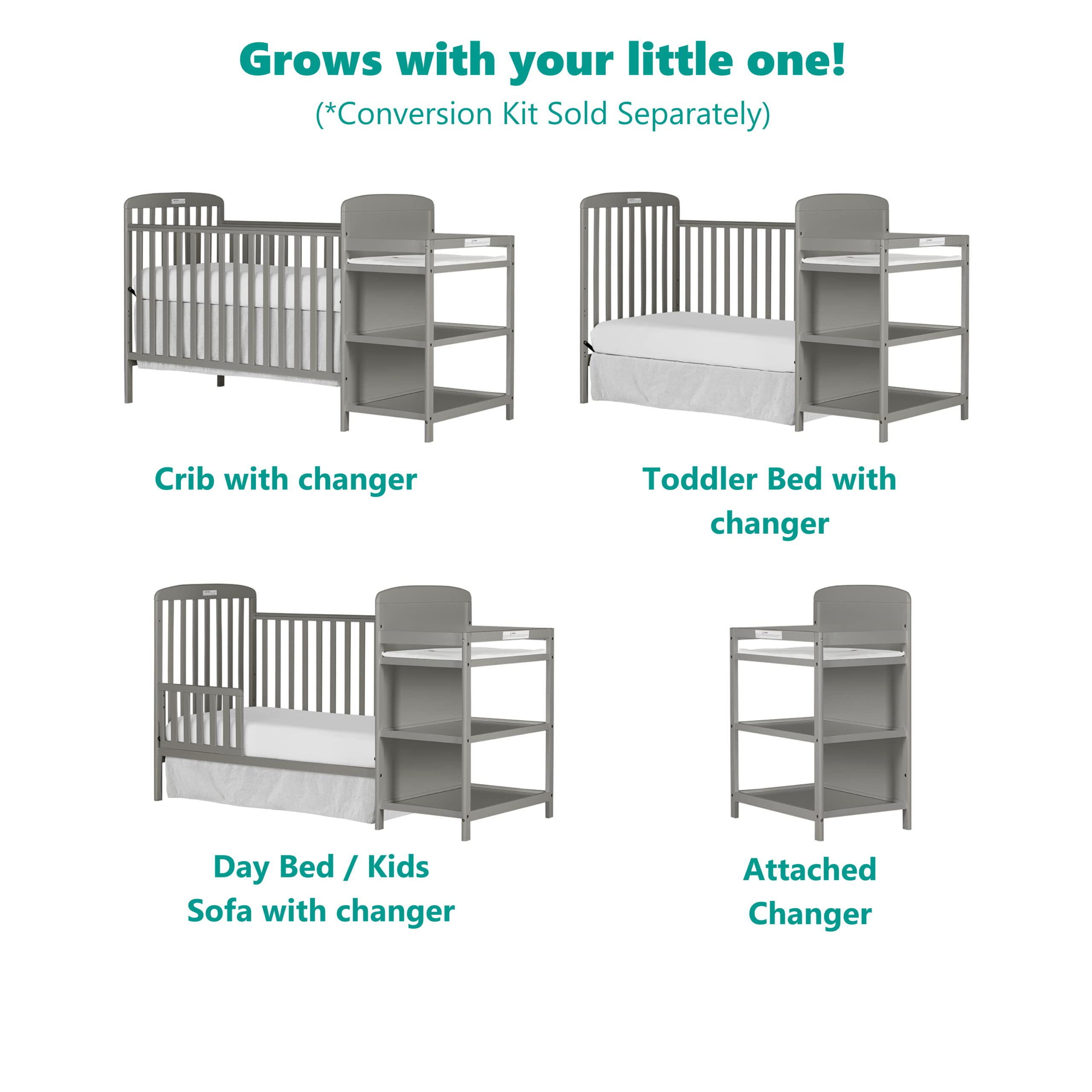 Dream On Me Anna 3-in-1 Full-Size Crib and Changing Table Combo in Steel Grey, Greenguard Gold Certified, Non-Toxic Finishes, Includes 1