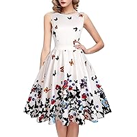 OWIN Women's Floral 1950s Vintage Swing Cocktail Party Dress Sleeveless with Pockets