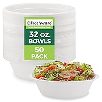 Freshware Paper Bowls - Disposable 32 oz Soup Bowl, 50-Pack Biodegradable Sugarcane Fiber Serving Bowls - Heavy Duty Bagasse for Hot Food Plates - Microwave & Freezer Safe, Stackable Dinnerware