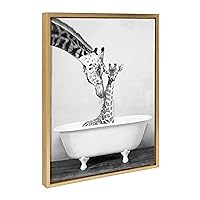 Sylvie Giraffe In Tub Framed Canvas Wall Art by Amy Peterson Art Studio, 18x24 Gold, Modern Fun Decorative Bathtub Wall Art for Home Décor