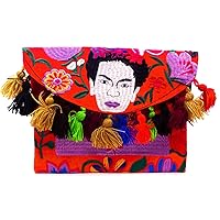 Frida Inspired Floral Embroidered Pom Fringe Slim Envelope Clutch Purse Crossbody Bag Womens Handmade Boho Accessories