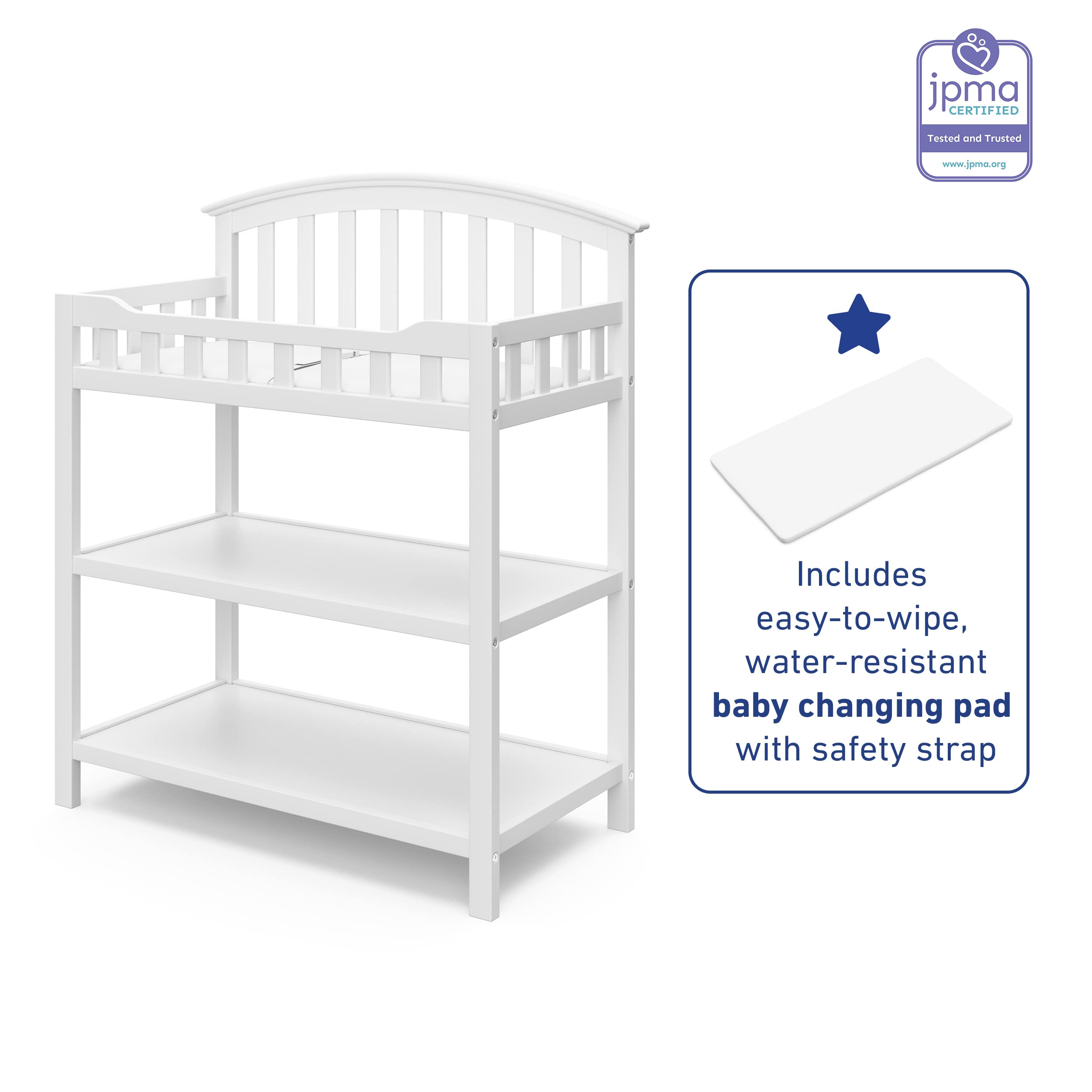 Graco Changing Table with Water-Resistant Change Pad and Safety Strap, White, Multi Storage Nursery Changing Table for Infants or Babies