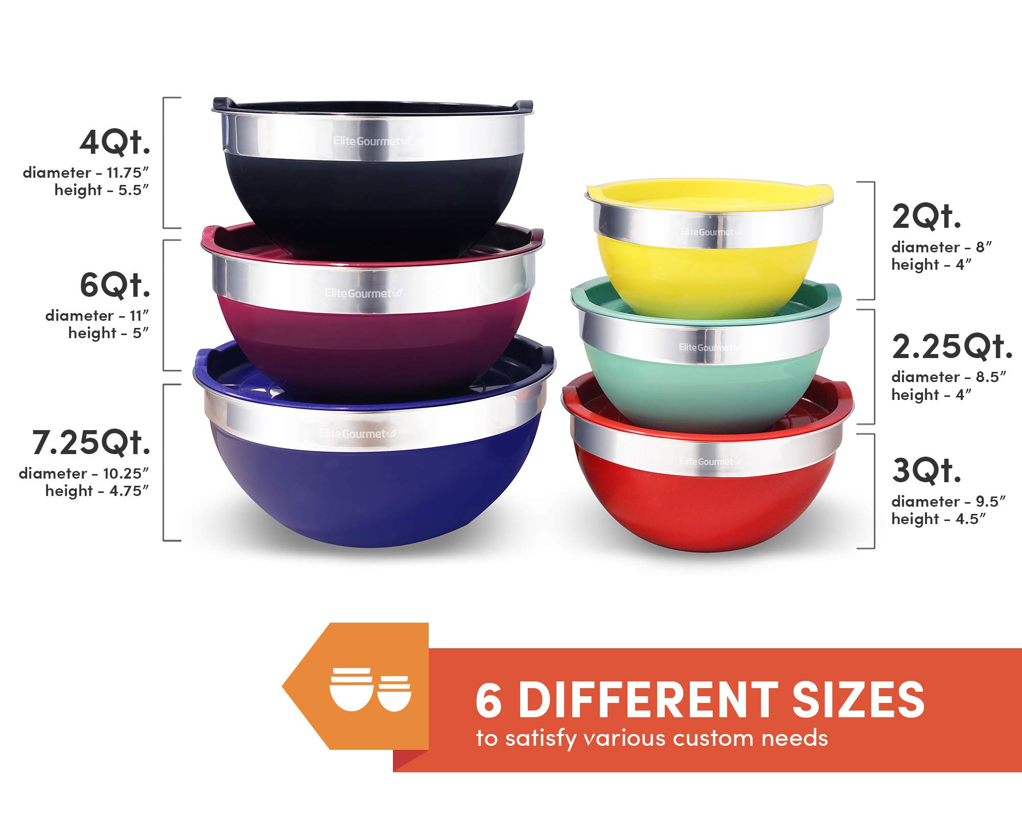 Elite Gourmet by EBS-0012 12-Piece Stainless Steel Interior Colored Stackable Nesting Mixing Bowls with Airtight Lids (Set of 6) Space Saving Food Storage, Baking, Melting Chocolate, Multi-Colors