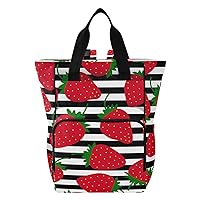 Strawberry Stripe Diaper Bag Backpack for Women Men Large Capacity Baby Changing Totes with Three Pockets Multifunction Travel Back Pack for Picnicking Playing