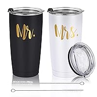 Mr and Mrs Tumbler Set of 2, Stainless Steel Insulated Travel Tumbler with Lids Gold Words, Gifts for Newly weds Engaged Couples Wife Bride To Be Bridal Shower Wedding Engagement(20oz, White&Black)
