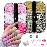 3D Flower Nail Charms - 2 Boxes 3D Acrylic Flower Nail Art Rhinestones with Gold Silver Pearls Caviar Beads Shiny Butterfly Manicure Jewelry Accessories Nails Art Charms for DIY Nail Decorations