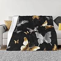 Gold White Butterflies Black Print Blanket Breathable Lightweight Fleece Throw Blanket for Bedroom Sofas Camping Cinema Office 50