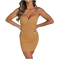 Trendy Fall Outfits for Women 2024 Women Strapless Twist Mini Dress Sexy Ribbed Knit Wrap Dresses High Stretch Bodycon Tube Top Dress Sweater Dresses Sudadera Con Capucha Yellow