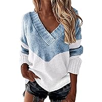 Womens V Neck Sweater Long Sleeve Fall Knit Sweaters 2024 Trendy Colorblock Pullover Shirts Loose Jumper Tops