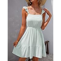 Summer Dresses for Women 2022 Vertical Striped Ruffle Trim Strap Dress Dresses for Women (Color : Mint Green, Size : X-Small)