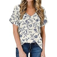 Women's Tops and Blouses Summer Fashion Casual Print V Neck Short Sleeve Top Blouse, S-3XL