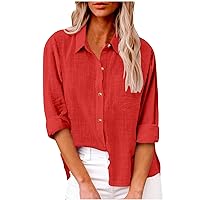 Prime of Day Deals 2024 Cotton Linen Button Down Shirts for Women Long Sleeve Collared Work Blouse Trendy Loose Fit Summer Tops with Pocket