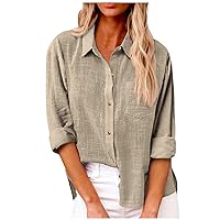T Shirts for Women,Linen Button Down Shirt Women Collared V Neck Solid Color Long Sleeve Blouse Summer Solid Color Tops with Pocket Short Sleeve T-Shirt Top