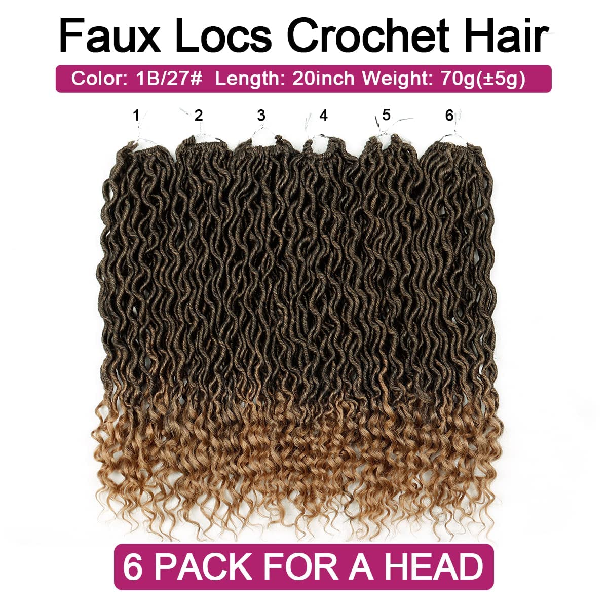 Goddess Locs Crochet Hair - 6 Packs 20 Inch Wavy Faux Locs Crochet Hair for Black Women, Ombre Faux Locs Crochet Hair with Curly Ends Synthetic Braids Hair Extensions (20Inch, T1B-27#)