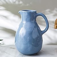Blue Ceramic Vase with Handle, Modern Pitcher Vase for Home Decor, Nordic Pottery Vase, Decorative Flower Vase, Clay Vase, Centerpieces for Living Room
