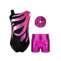 ACSUSS Gymnastic Leotard with Metallic Shorts for Girls Kids Sleeveless Ballet Dance Skating Outfits and Hair Scrunchie