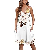 Vacation Clothes for Women Bohemian Dress for Women 2024 Summer Fashion Print Pretty Slim Fit Dress Sleeveless V Neck Dresses with Pockets White Large