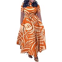 SHINFY Womens Plus Size Summer Long Maxi Dress Short Sleeve Casual Printed Curvy African Dresses with Belt Orange