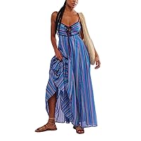 Women Sleeveless Floral Print Maxi Dress Low Cut Backless Spaghetti Strap Long Dress Summer Beach Boho Flowy Dress