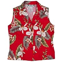 Womens Hawaiian Shirt Sleeveless Hawaiian Orchid in Red 100% Rayon