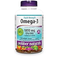 Webber Naturals Triple Strength Omega-3 Fish Oil, 1,800 mg Omega-3 (1,200 mg EPA / 600 mg DHA) per Serving, 120 Clear Enteric Softgels, No Fishy Aftertaste, for Heart, Brain and Joint Health