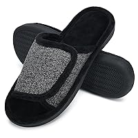 DL Adjustable Mens Slippers Memory Foam, Open Toe House Slippers For Men Comfy Indoor Outdoor, Cozy Breathable Slide Bedroom Velcor Slippers Size 7-14 Black Gray Navy Brown
