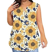 Summer Outfits for Women, Casual Tops Sunflower Clothes Plus Size Womens Clothing Sleeveless Button Shirt, L, 5XL