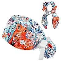 Set of 1 Ponytail Holder Bouffant Cap with Hair Scrunchy, Scrub Hat for Women Long Hair, Art Abstract Animal