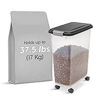 IRIS USA 37.5 Lbs / 47 Qt WeatherPro Airtight Pet Food Storage Container with Attachable Casters, For Dog Cat Bird and Other Pet Food Storage Bin, Keep Fresh, Translucent Body, Easy Mobility, Black