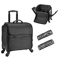 Costravio Rolling Makeup Case Hairstyling Travel Bag Large Cosmetic Storage Organizer Soft-sided Trolley Bag with Dividers and 2 Pouches for Hairstylist, Makeup Artist and Cosmetologist - Black Nylon