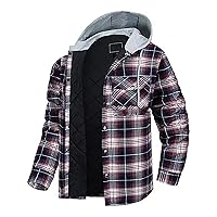 Men's Cotton Coats Plaid Snap Button Up Shirts Jacket Flannel Quilted Jackets Fall Winter Hooded Lattice Overcoat