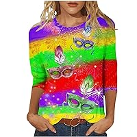 Lightning Deals of Today 2024 Mardi Gras Shirt for Women Carnival Themed Outfit Party Mask Graphic 3/4 Sleeve Tunic Tops Spring Summer Crewneck Parade Blouse Tshirt Holiday Workout Sweatshirt