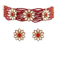 I Jewels Indian Bollywood18K Gold Plated Light Weighted Beaded Floral Choker Jewelry Set Encased With Faux Kundan Along with Earrings for Women (ML228)