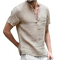 Men's V Neck Button T-Shirt Classic Fit Plain Tops Summer Cozy Linen Tee Shirts Retro Summer Short Sleeve Shirt Black Crewneck Men Lighweight Knitted Top