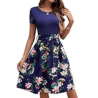 Women's Vintage Casula Short Sleeve Floral Flared A-Line Swing Casual Party Dresses with Pockets