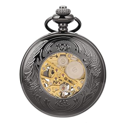 ManChDa Mechanical Pocket Watch Vintage Pocket Watch for Men Women Special Engraved Case Roman Numerals with Chain + Box