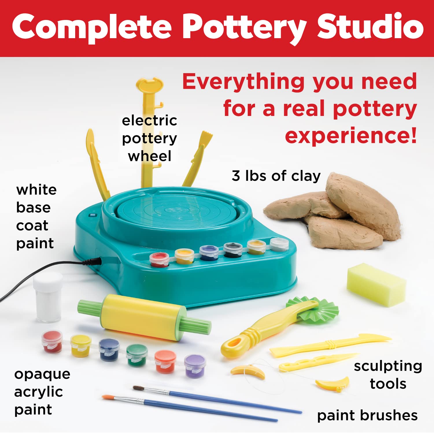 Faber-Castell Pottery Studio - Kids Pottery Wheel Kit for Ages 8+, Complete Pottery Wheel and Painting Kit for Beginners, 3 lbs of Sculpting Clay and Tools, Blue