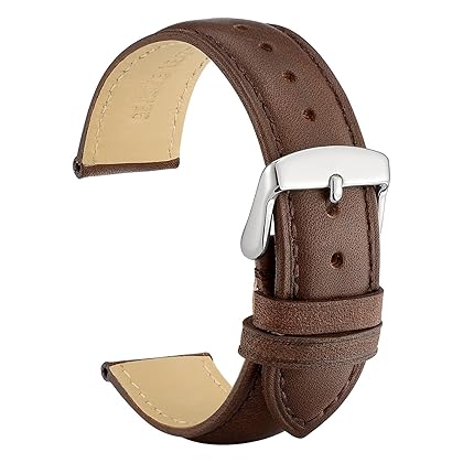 WOCCI Leather Watch Band, Vintage Replacement Strap, Stainless Steel Buckle, Choice of Width 14mm 16mm 18mm 19mm 20mm 21mm 22mm 23mm 24mm