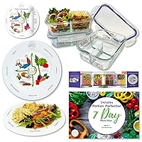Portion Perfection Portion Control Container and Plate - Glass Meal Prep Containers Reusable for Food/Lunchbox 3pk plus 2 Melamine Portion Plates | To Go Containers with Lids for Weight Loss