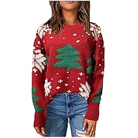 Women's Christmas Tree Sweater Funny Snowflake Crewneck Long Sleeve Xmas Knitted Pullover 2023 Casual Jumper Tops
