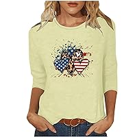 Independence Day Tops for Women Casual Crew-Neck 3/4 Sleeve T Shirts Heart US Flag Print Pullover Loose T-Shirt