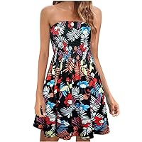 Hawaiian Tube Top Dress Women Floral Print 2024 Summer Beach Strapless Dresses Smocked Flowy Casual Bandeau Dress
