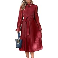 ANRABESS Women's Floral Midi Dress Puff Long Sleeve Casual Ruffle Chiffon A-Line Swing Pleated Belted Tea Party Dresses