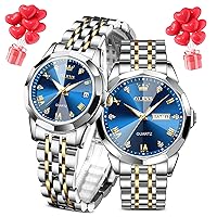 OLEVS Silver His and Hers Watches Set 3ATM Waterproof Couple Watches Men and Women Dress Quartz Stainless Steel Business Wrist Watch for Men Women with Day and Date