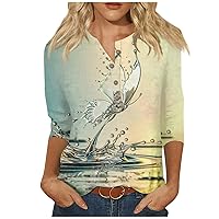 Womens 3/4 Sleeve Summer Tops Button Down Cooling Shirts Graphic Floral Tees Blouses Dressy Casual