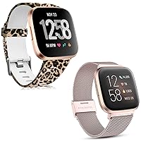 Maledan Leopard Silicone Pattern Water Resistant Replacement Bands Bundle with Rose Gold Adjustable Stainless Steel Metal Band Compatible with Fitbit Versa 2/Versa/Versa Lite SE