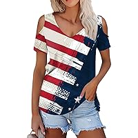 American Flag Patriotic T Shirt Off Shoulder Tops for Women 4th of July Outfits Shirts Casual Short Sleeve Tee Tops